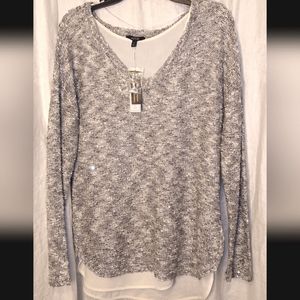 Apt. 9 Silver Sequin Gray Knit Sweater V Neck Pullover Women's Size M